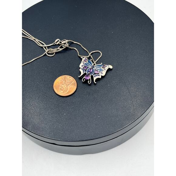 Vintage Sterling Silver Butterfly Pendant Amethyst Enamel 17" Box Chain Italy - Picture 6 of 13